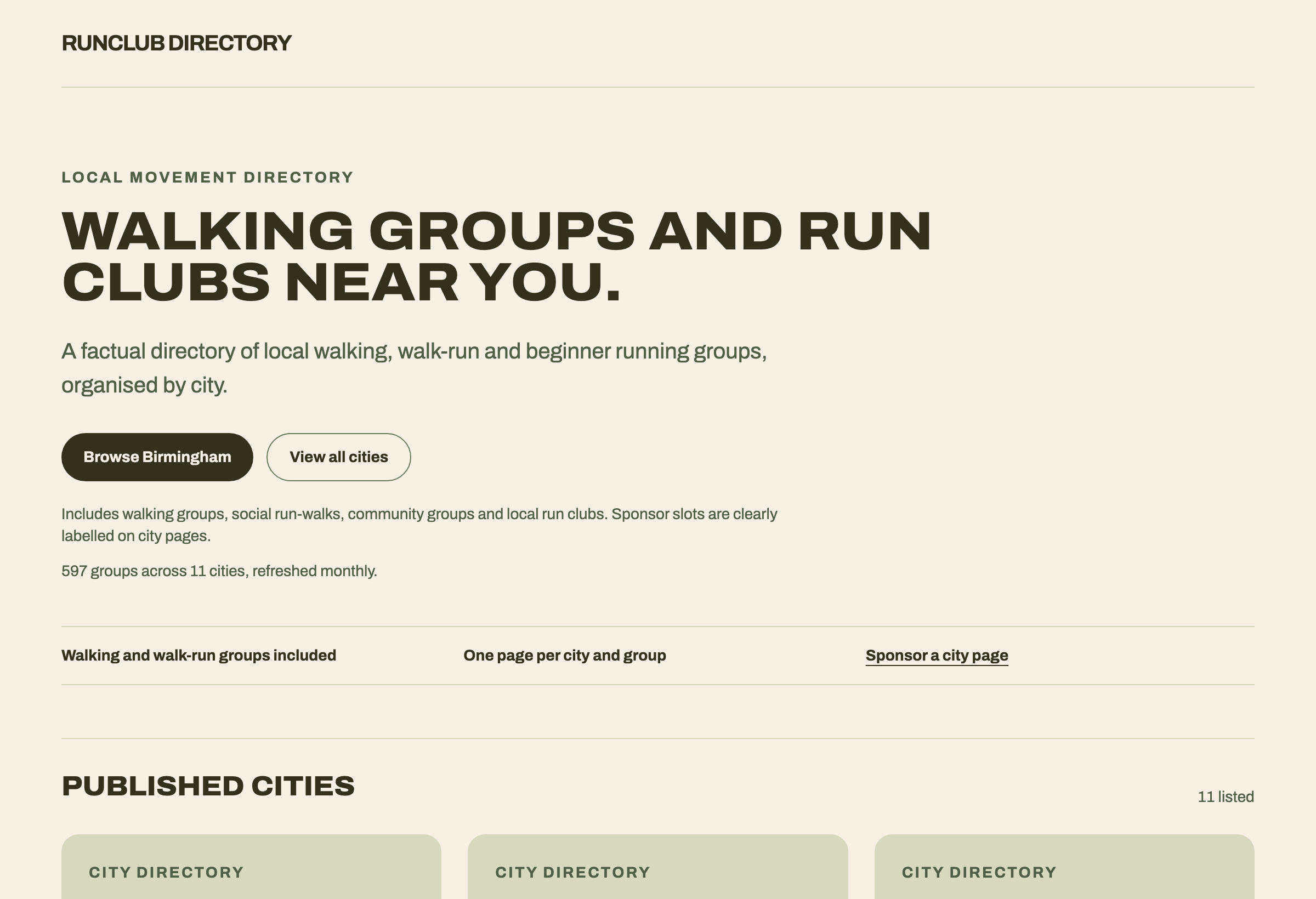 RunClub Directory homepage.