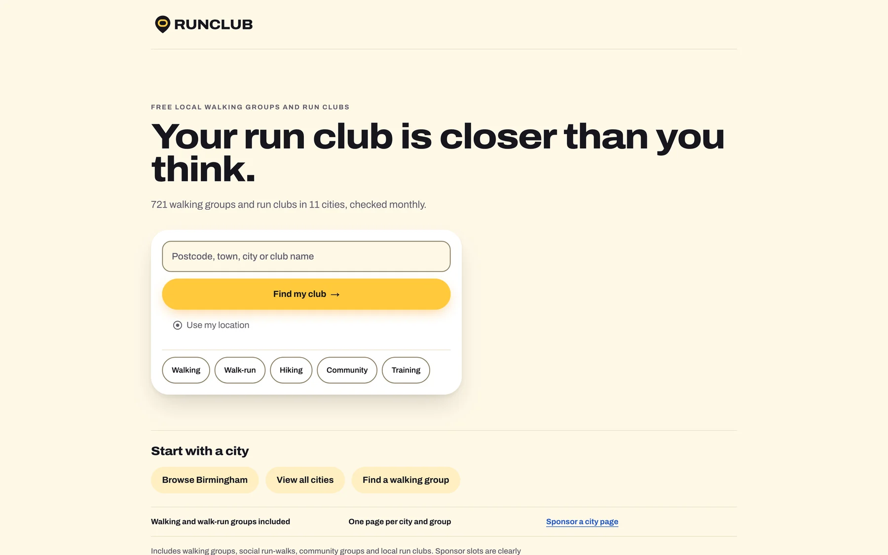 RunClub Directory homepage.